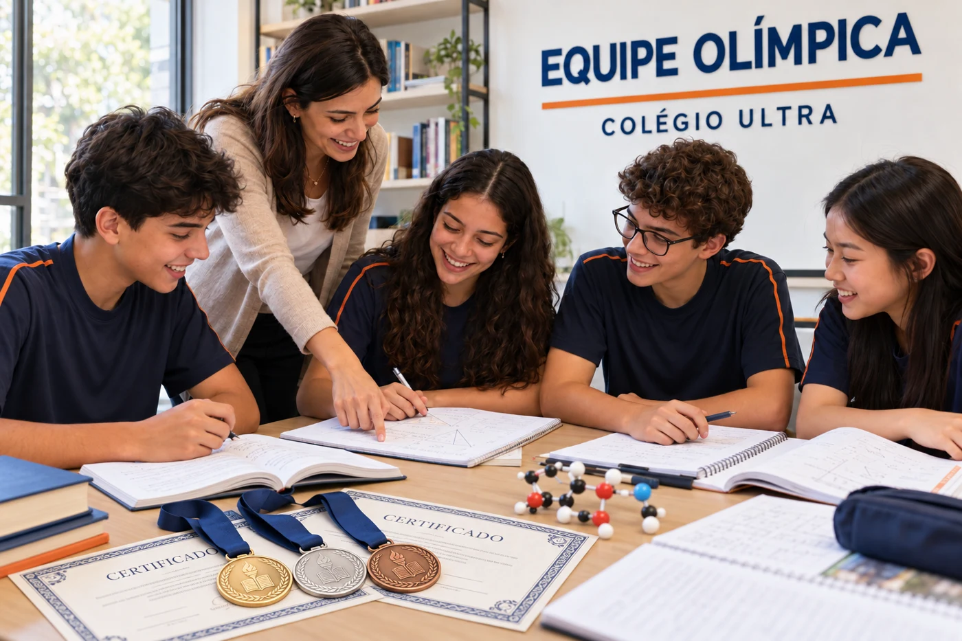 Imagem ilustrativa de jovens resolvendo desafios com uma professora, com medalhas e certificados em primeiro plano.