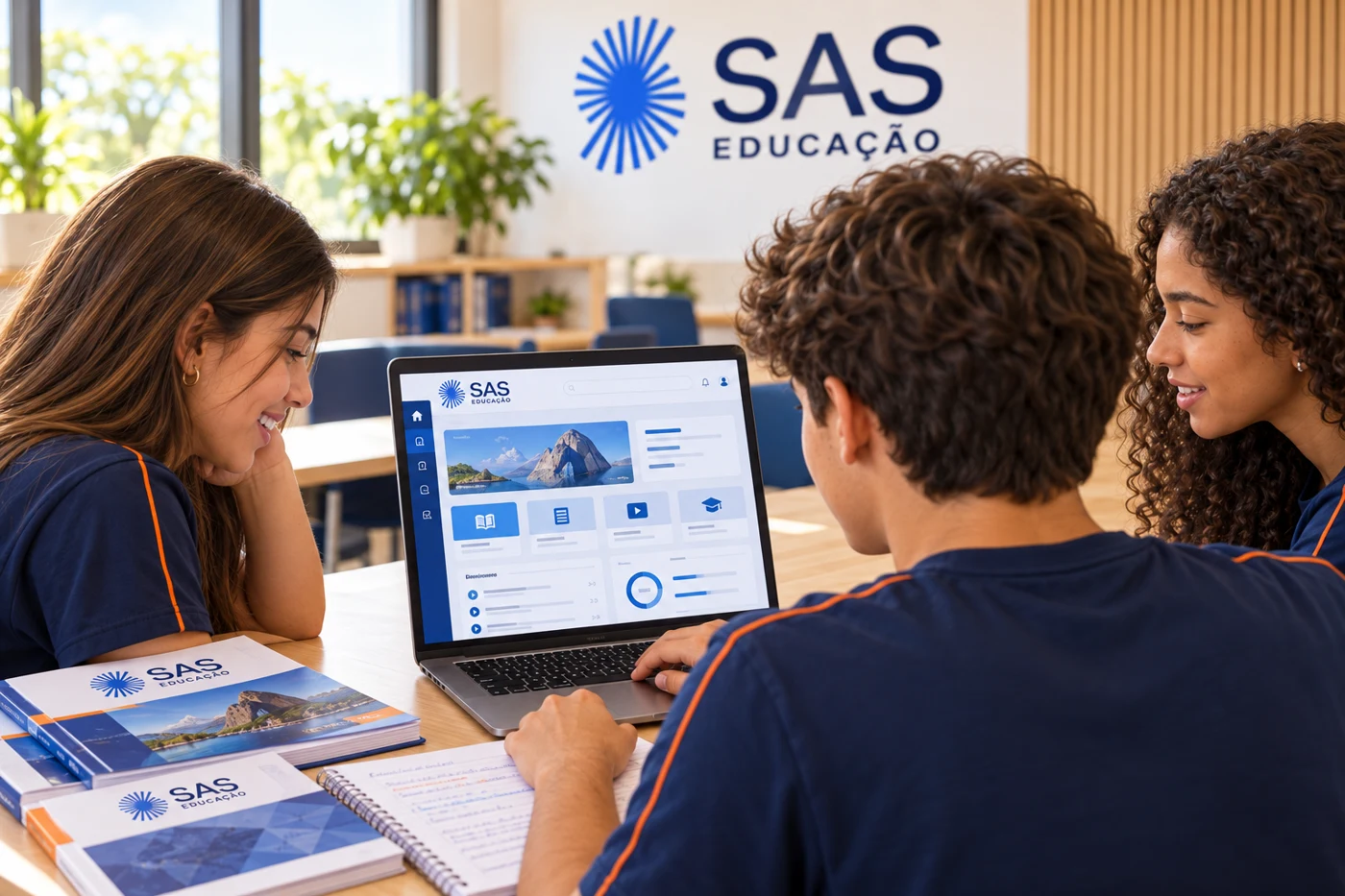 Imagem ilustrativa de jovens estudando com notebook e apostilas, com a marca SAS Educação na tela, nos materiais e ao fundo.