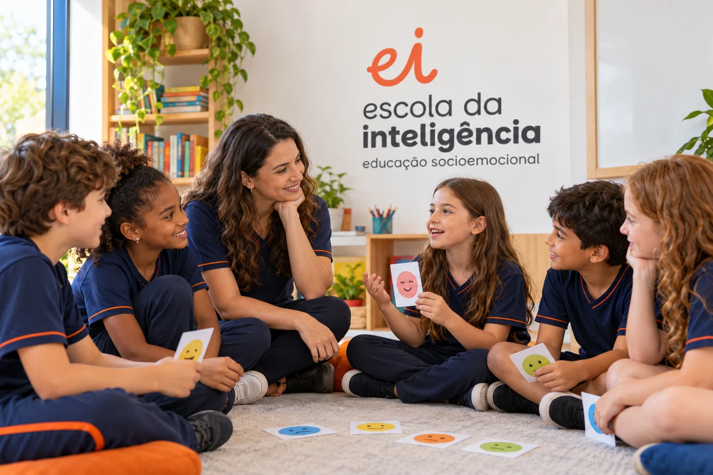 Imagem ilustrativa de professora e crianças em uma dinâmica de emoções, com a marca Escola da Inteligência ao fundo.