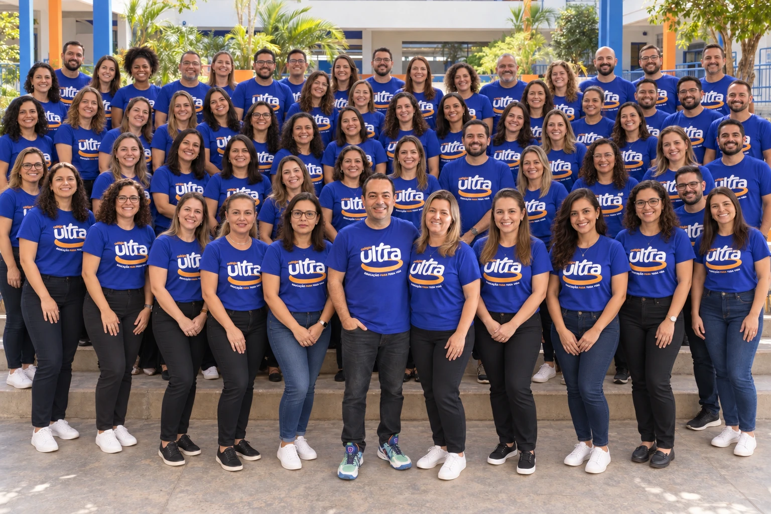 Composição ilustrativa provisória da equipe: Gustavo e Rosana ao centro, com as quatro lideranças pedagógicas e os demais integrantes ilustrativos com a camiseta do Colégio Ultra.